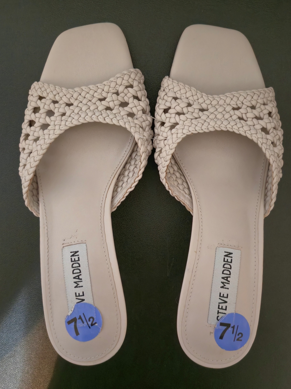 Steve Madden Vivi Braided Woven Cream Ivory Kitten Heel Sandals Open Square Toe